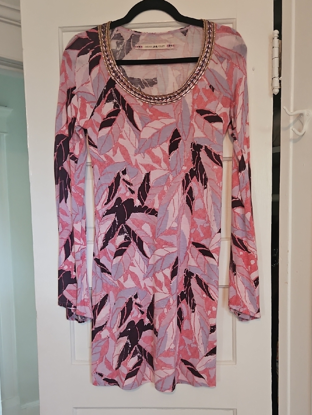 Chelsea & Violet Pink Leaf-Print Long Sleeve Mini  Dress with Chain Trim